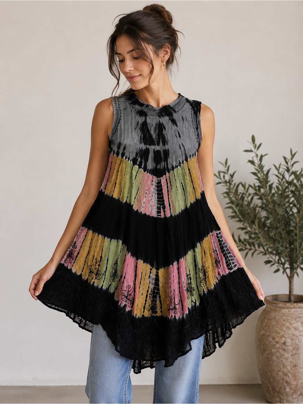 India Boutique 100% Rayon Boho Tie Dye Tunic Dress Free Size